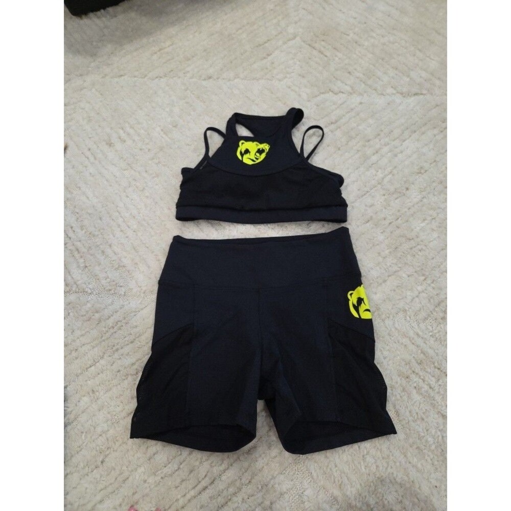 Women's Size S/M Black/yellow Workout Racerback Bra Short Set 2pc Bear B22